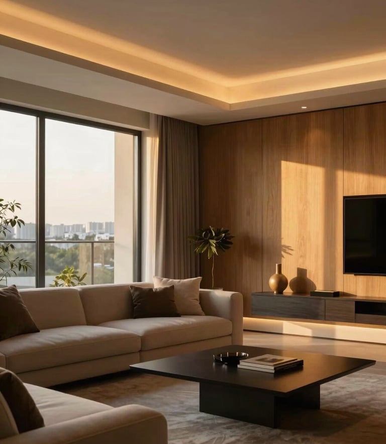 Elegant modern living room with warm golden hour light filtering through large windows, soft architectural LED lighting highlighting rich wood panels, 35mm warm editorial style