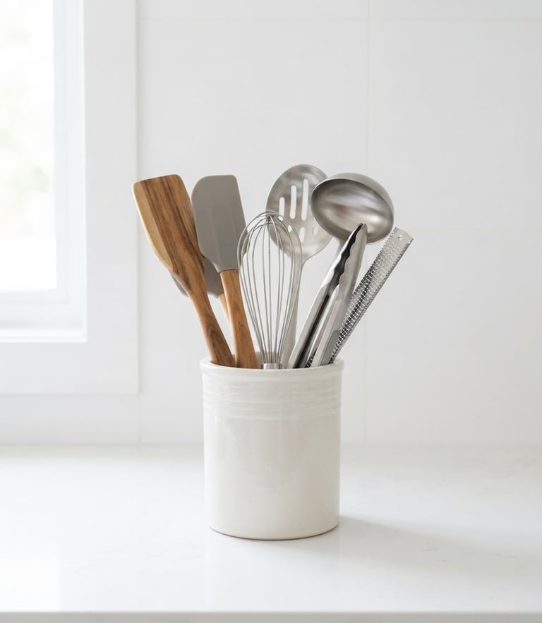 Crisp eye-level studio shot of neatly organized kitchen utensils on a bright white counter, high-key natural window light, soft shadows, clean background