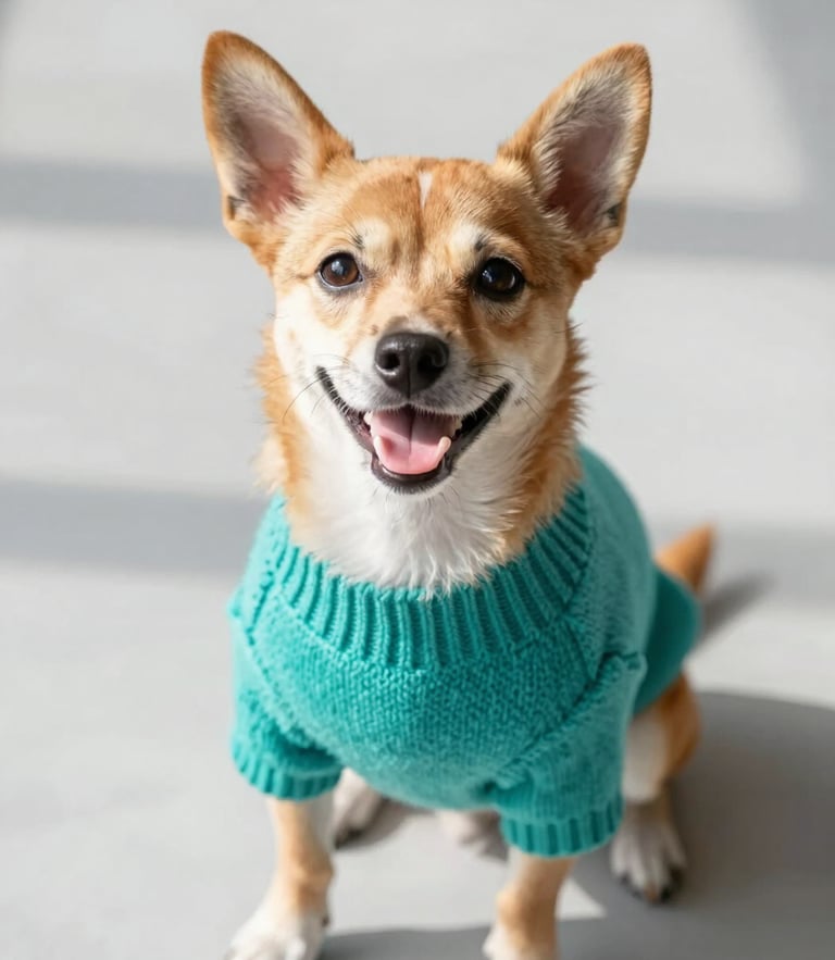 A happy small dog wearing a vibrant teal knitted sweater, sitting on a clean light grey floor, looking up with bright eyes, warm natural daylight