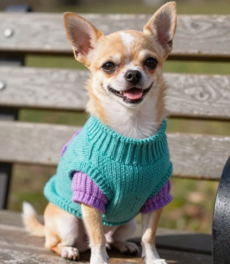 A happy small Chihuahua wearing a colorful hand-knitted teal and mauve sweater, sitting proudly on a sunny park bench, warm natural daylight, shallow depth of field
