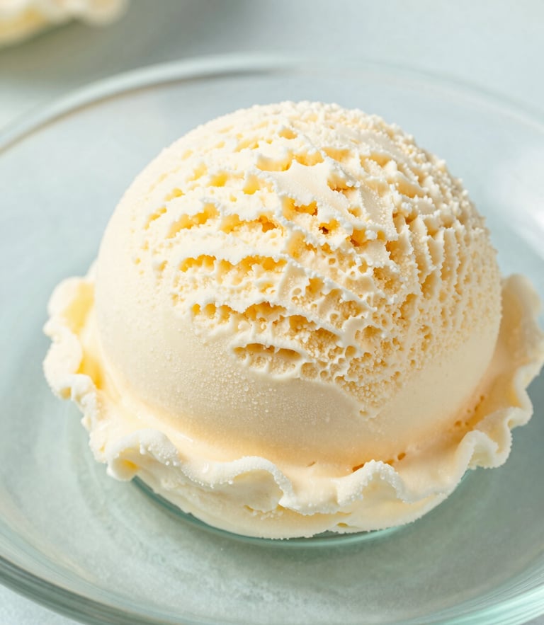 Extreme close-up of a perfectly sculpted vanilla ice cream scoop on a light blue glass plate, soft pastel ambient light, shallow depth of field