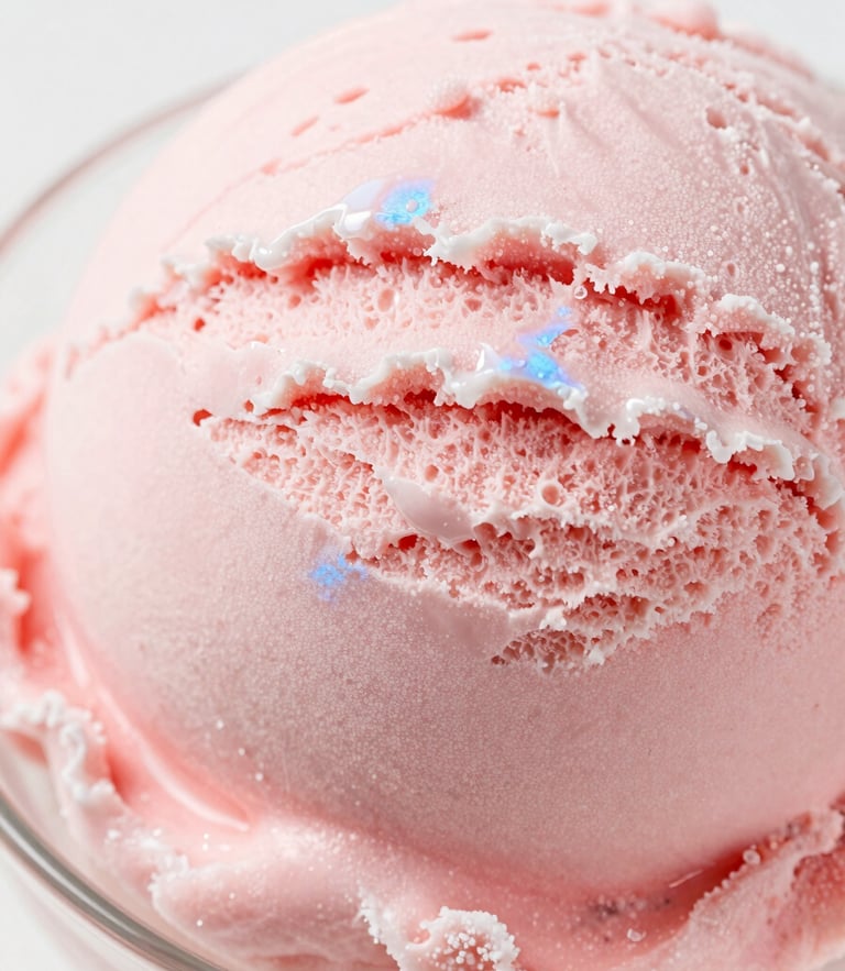 Extreme close-up macro shot of a perfectly sculpted pastel pink strawberry ice cream scoop, rich creamy texture, soft natural lighting with subtle ice-blue reflections, bright editorial food photography style