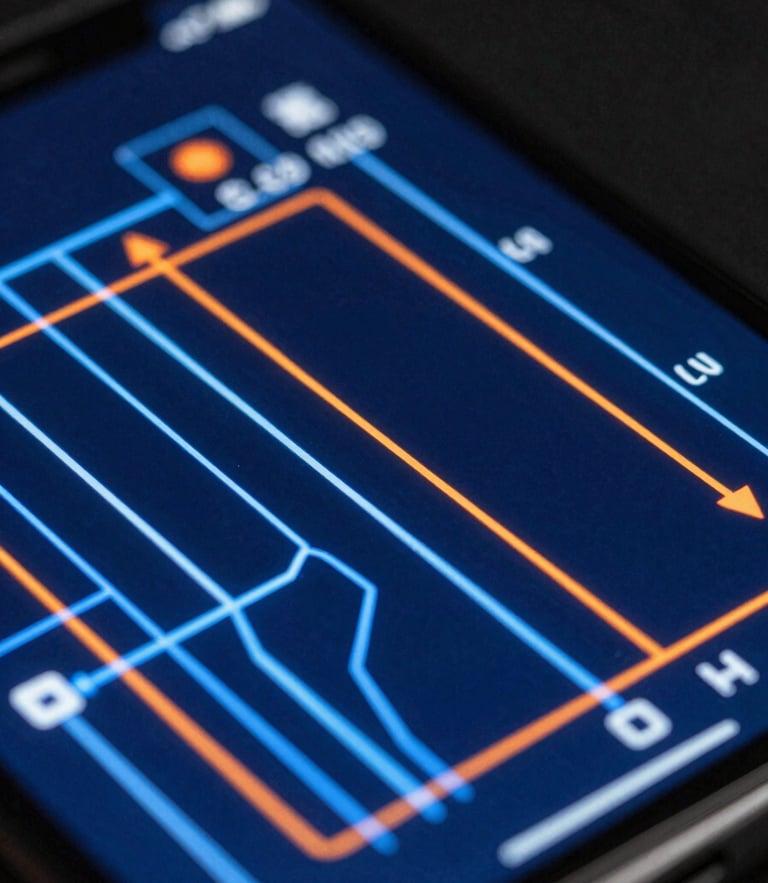 Macro close-up of a high-resolution mobile device screen displaying a crisp blueprint-style interface, glowing blue and orange technical lines, dark studio setting.