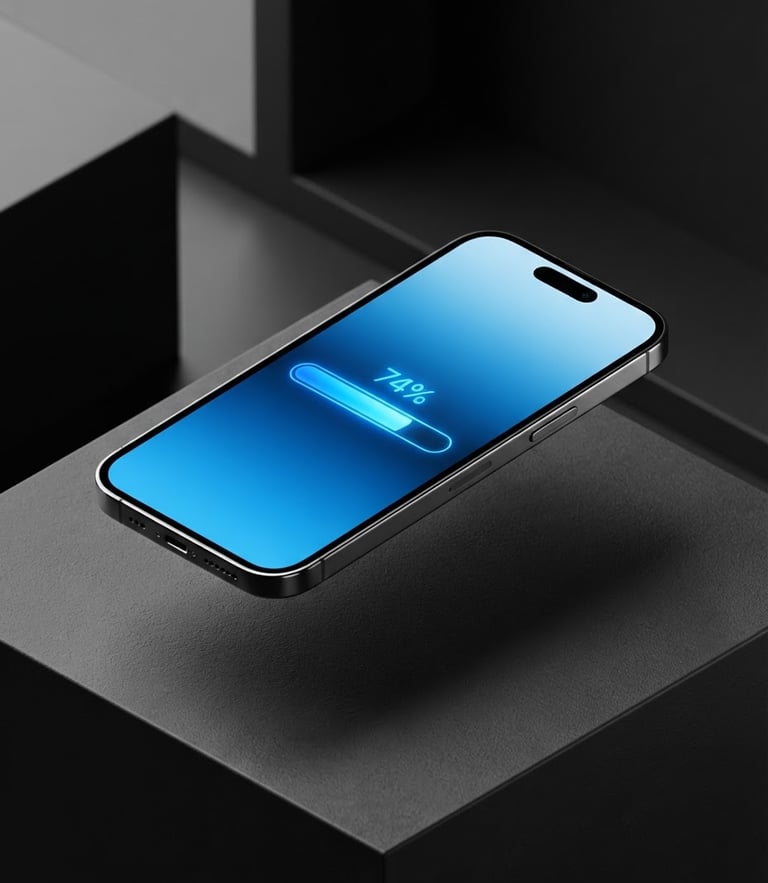 Isometric 3D render of a sleek smartphone floating over a dark surface, displaying a bright electric blue download progress bar, clean studio lighting, high-contrast monochrome background