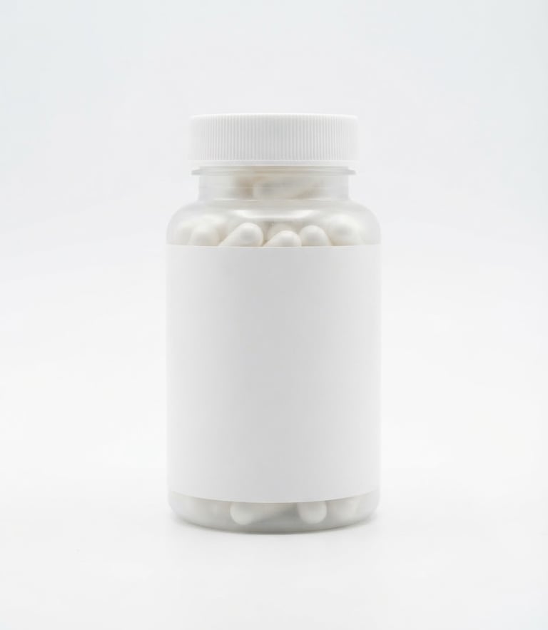 A close-up of a minimalist, clean white supplement bottle with elegant slate gray typography, set against a seamless high-key white background with soft clinical shadows, sharp focus, 50mm.