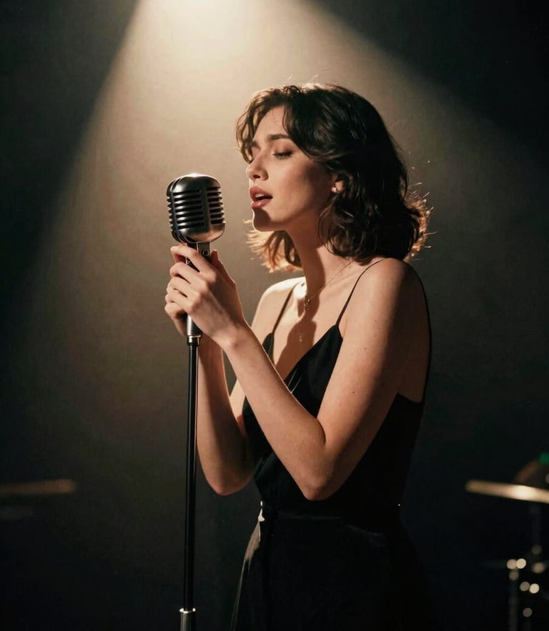 Moody editorial portrait of a solo female vocalist performing under warm stage spotlight, deep shadows, vintage microphone, 35mm film style
