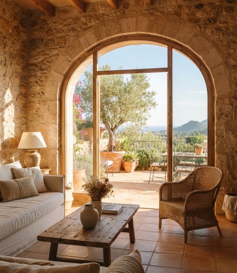 Sun-drenched modern Mallorcan living room with stone walls, large arched window opening to a terrace with olive trees, warm morning light, 35mm photography