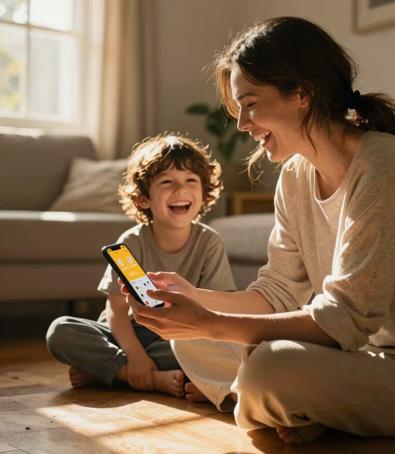 Cinematic medium shot of a mother laughing with her child in a sun-drenched living room. The mother is holding a phone displaying a warm, high-fidelity app interface. Golden hour light streams through the window, creating soft lens flares and rich shadows on the wooden floor.