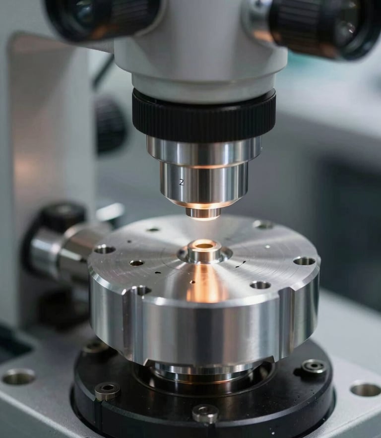 Close-up of a high-precision metal component under a digital measuring microscope, bright technical lighting highlighting micron-level cuts, industrial background.