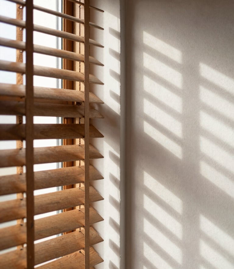 A close-up of warm sunlight filtering through half-open wood Venetian slats, creating clean graphic shadow lines on a minimalist plaster wall, 35mm lens.