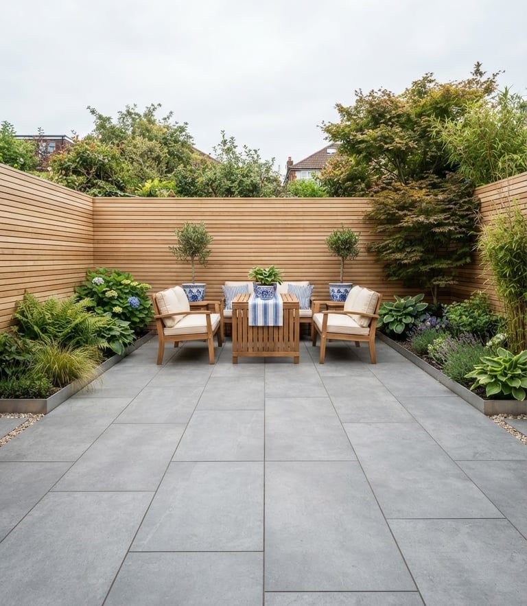 Architectural garden photography, straight-on view of a newly finished terrace with large grey ceramic tiles, a clean wooden fence in the background, soft overcast daylight, 35mm lens