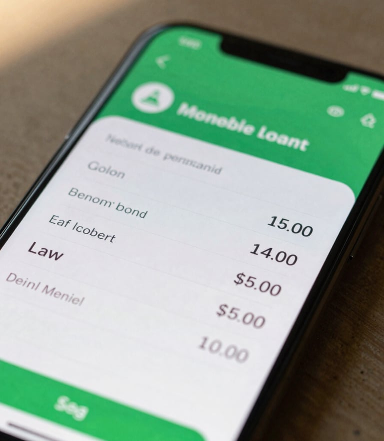Close macro shot of a secure mobile banking application interface on a smartphone screen, displaying clear loan simulation numbers, natural morning light, high-trust secure green accents, no hands visible