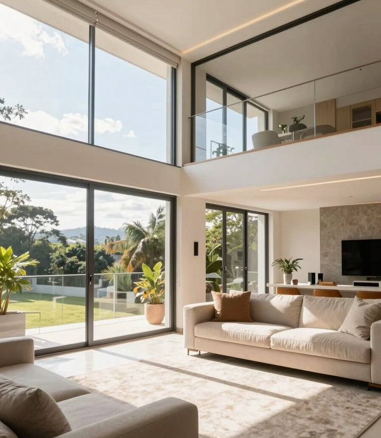 Bright architectural interior of a modern living room in Ribeirão Preto, warm natural daylight streaming through large windows, high-end real estate photography style