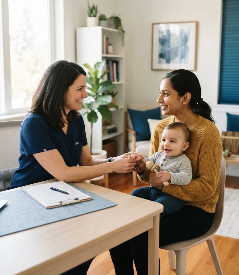 A warm, authentic environmental portrait of a clinical professional in a bright, modern office interacting gently with a mother, soft natural daylight, blue accents.