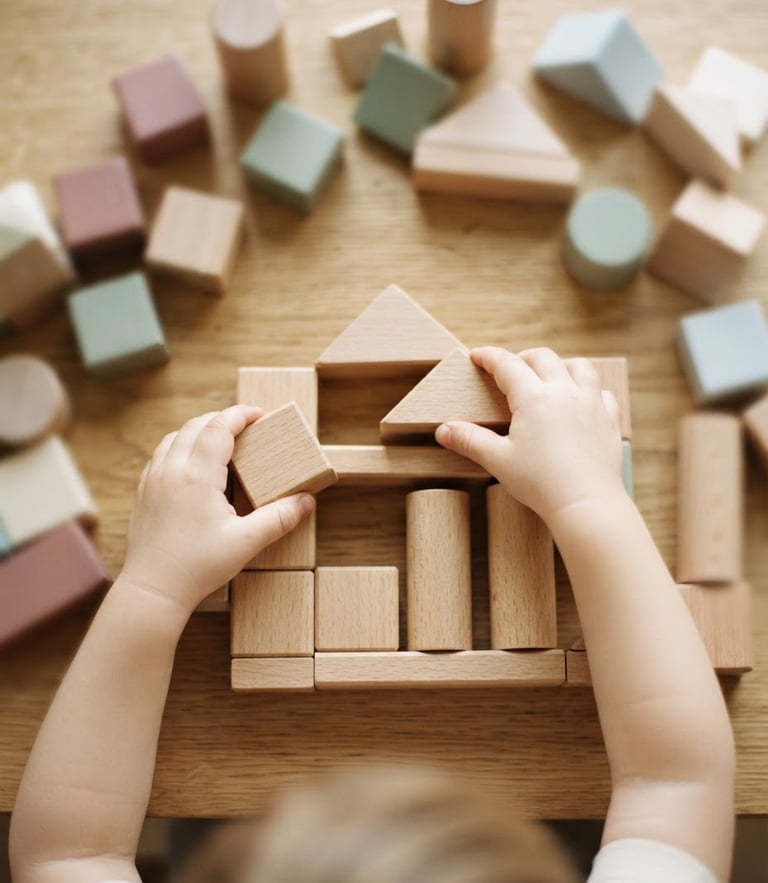 Overhead flat-lay of a child's hands carefully arranging smooth wooden blocks on an ivory table, soft natural morning light, shallow depth of field, warm editorial photography
