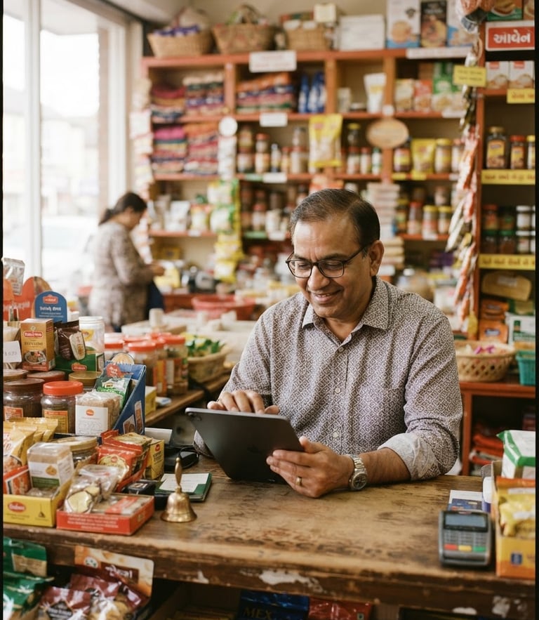 A warm editorial photo of a local Patel merchant in their shop looking at a tablet, bright natural daylight, rich friendly tones, clean composition.