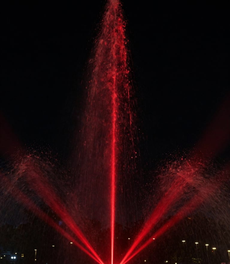 Dramatic low-key photograph of a synchronized musical fountain nozzle, sharp theatrical red light beam cutting through water droplets, dark night sky background, 35mm