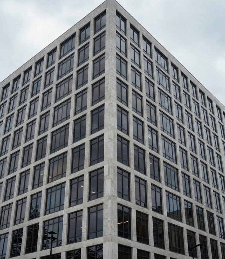 Symmetrical wide shot of a modern corporate building exterior in Wilmington, cool overcast daylight, sharp architectural lines.
