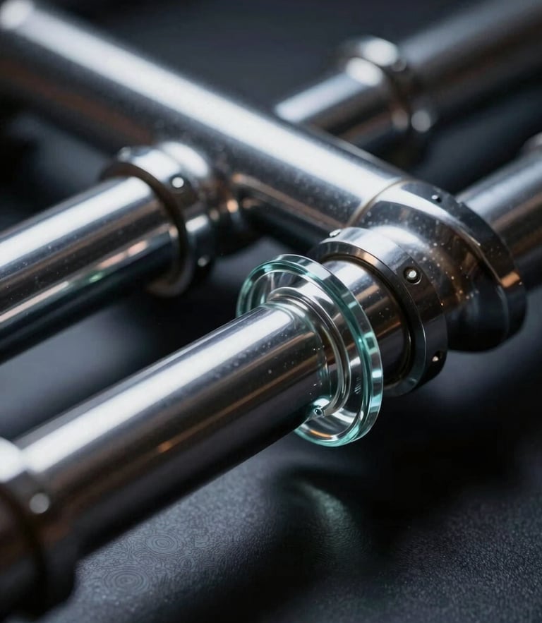 A macro close-up of structural 3D glass and chrome data pipelines, low-key moody studio lighting with sharp directional highlights and deep shadows