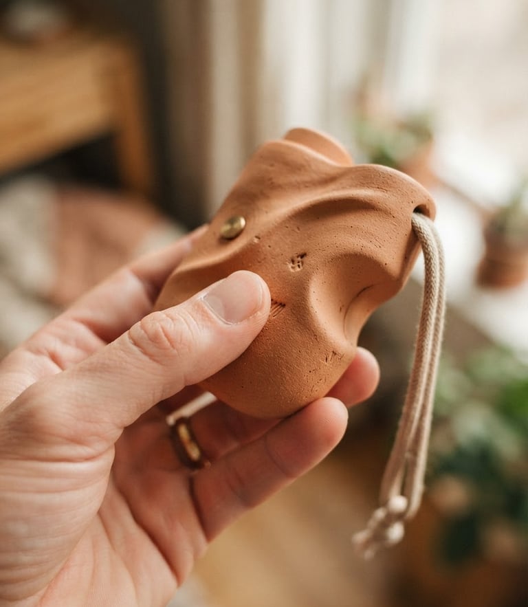 Macro detail shot of a hand gently holding a matte, terracotta-toned sculptural device, soft diffused window light, shallow depth of field