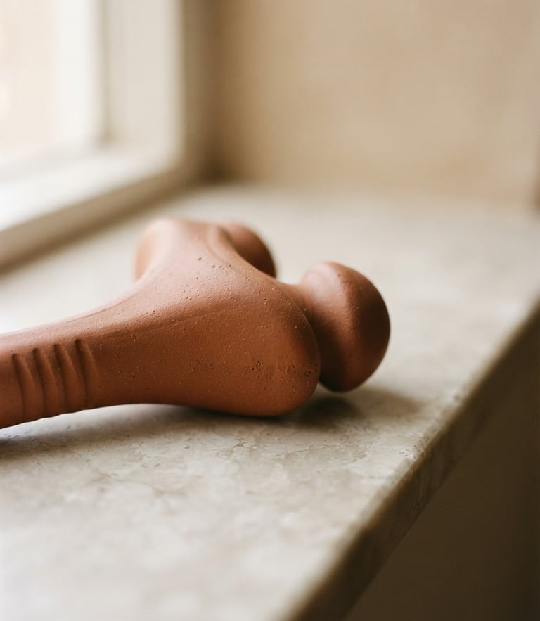 A macro detail shot of a matte, sculptural terracotta-toned somatic device resting on a clean alabaster shelf, soft diffused window light, gentle shadows, elegant negative space.