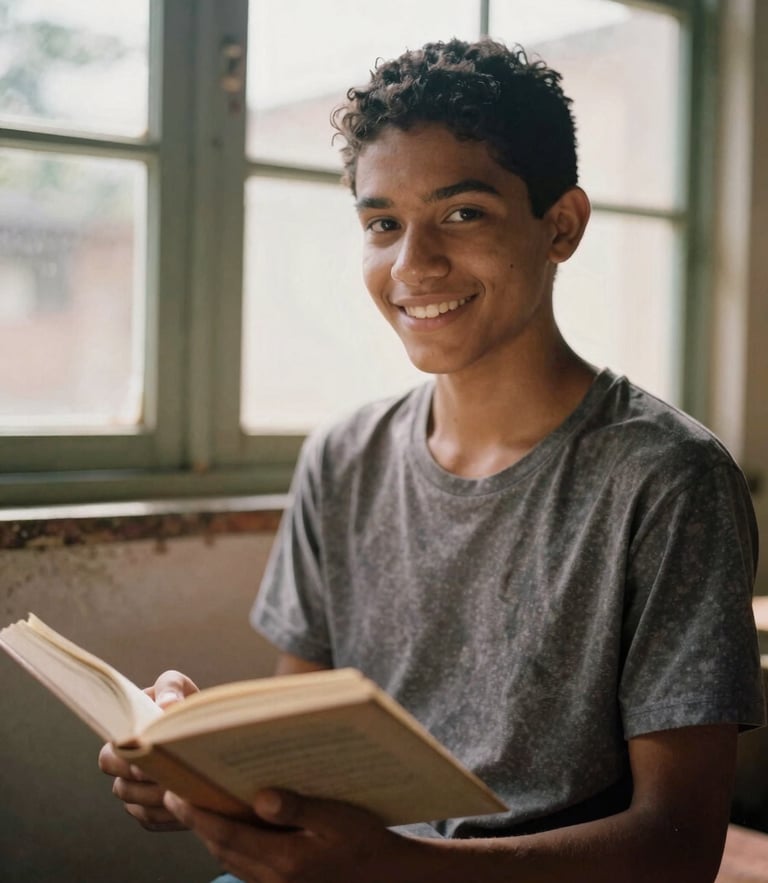 A young Brazilian student smiling gently while holding an open book, natural window light, warm earthy tones, authentic documentary 35mm film aesthetic.