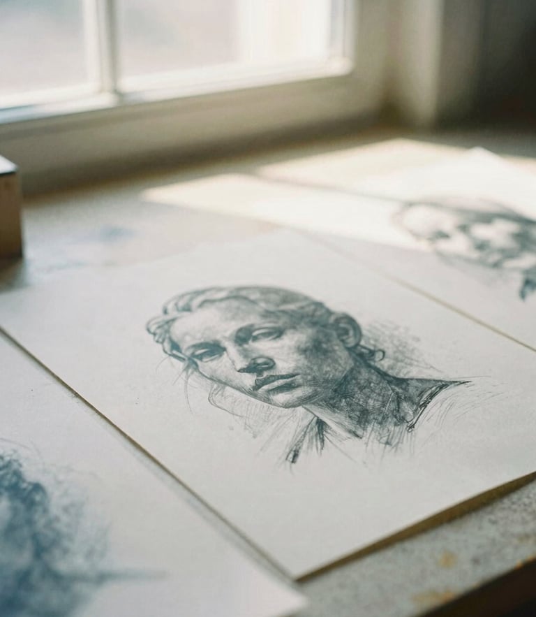 Soft diffused window light falling on physical art mediums, charcoal sketches, and textured paper on a studio table, warm editorial photography, 35mm