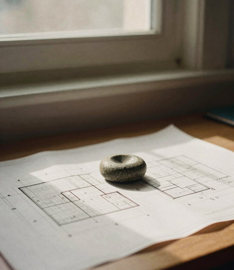 A quiet, sunlit workspace with architectural blueprints and a stone paperweight, warm morning window light, muted earth tones, 35mm film.