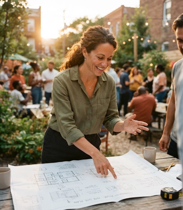 Candid environmental portrait of a local female community organizer in warm natural golden-hour daylight, reviewing architectural plans for a community hub, 35mm film look.