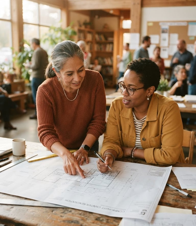 Candid environmental portrait of two local community leaders collaborating over architectural blueprints in a sunlit, warm community center, soft golden-hour daylight, rich earthy tones, 35mm film look