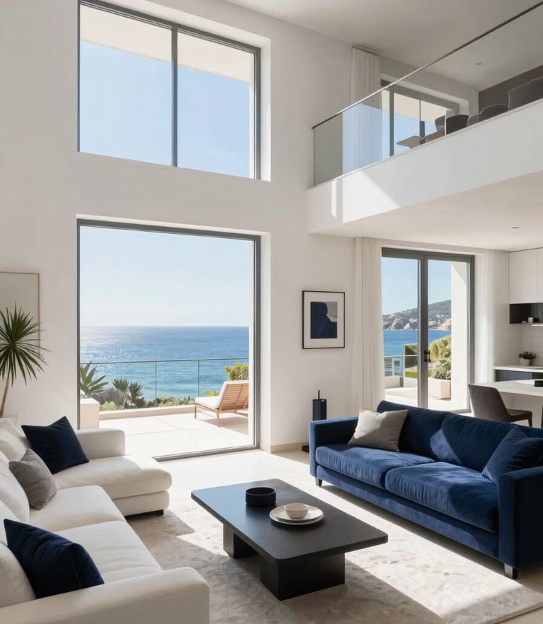 Bright architectural photography of a modern Sardinian apartment interior, sunlit white living room with deep navy accents, large window overlooking the Mediterranean sea, high-end editorial style, 35mm lens
