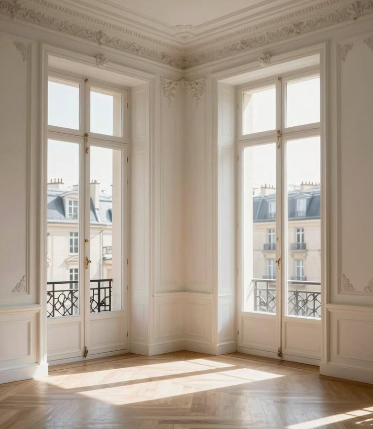 Bright, sunlit interior of a Parisian luxury apartment, high ceilings, elegant moldings, soft natural light pouring through large windows, minimalist design.