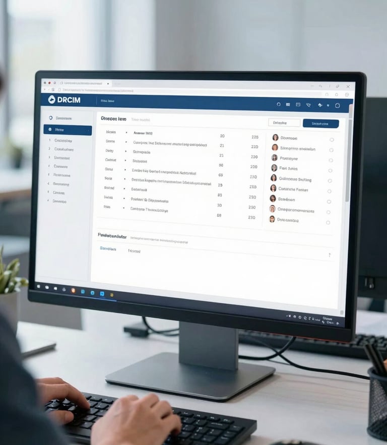 A professional CRM consultant working with a clean dashboard interface on a modern monitor in a bright office, shallow depth of field, cool blue tones.