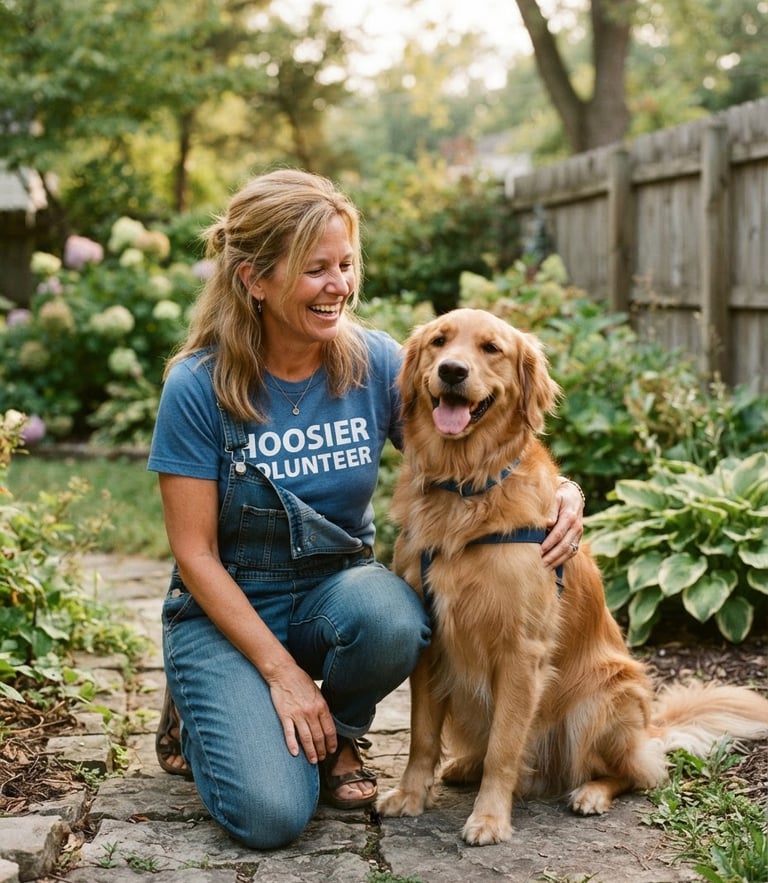 A warm 35mm portrait of a local Indiana volunteer smiling next to a golden retriever in a sunlit backyard, eye-level, natural daylight
