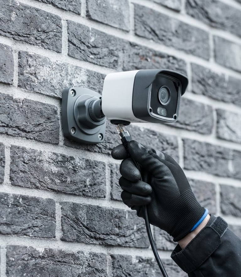 Crisp product photography of a weather-sealed IP camera being mounted on a modern brick wall, hands holding an ethernet cable, cool slate tones, sharp focus.