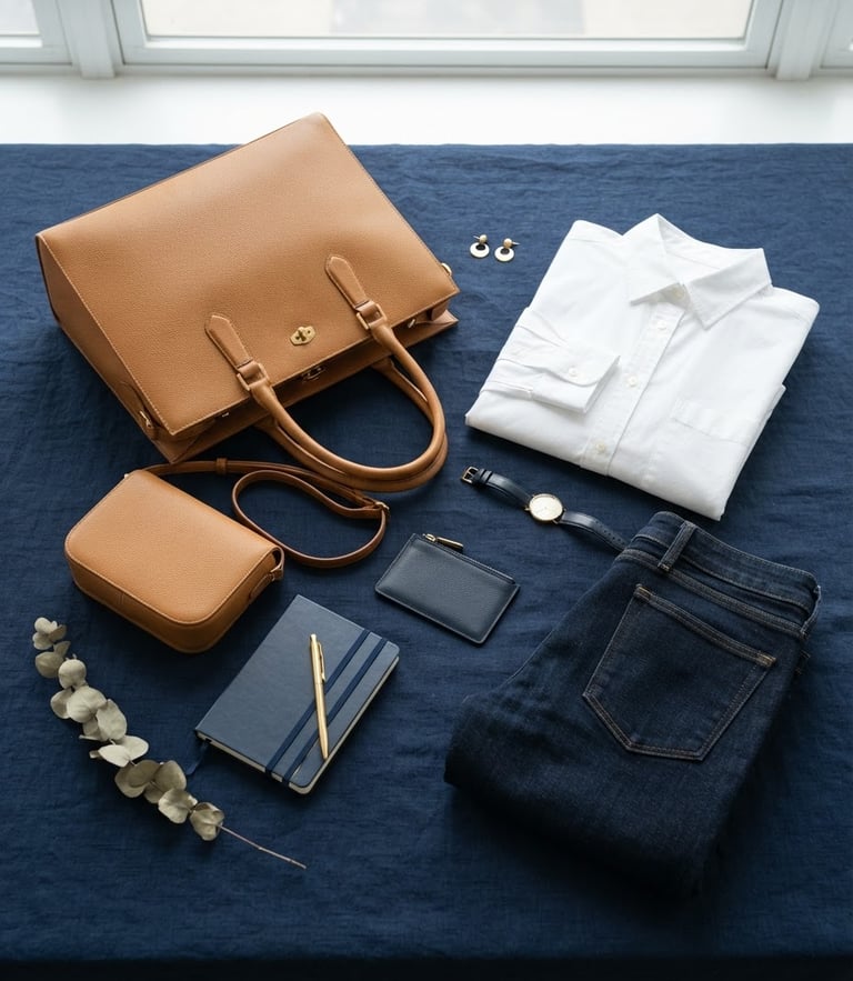 Bright editorial photography of high-quality modern leather bags and structured apparel flat-lay on a clean navy surface, soft natural daylight, 50mm
