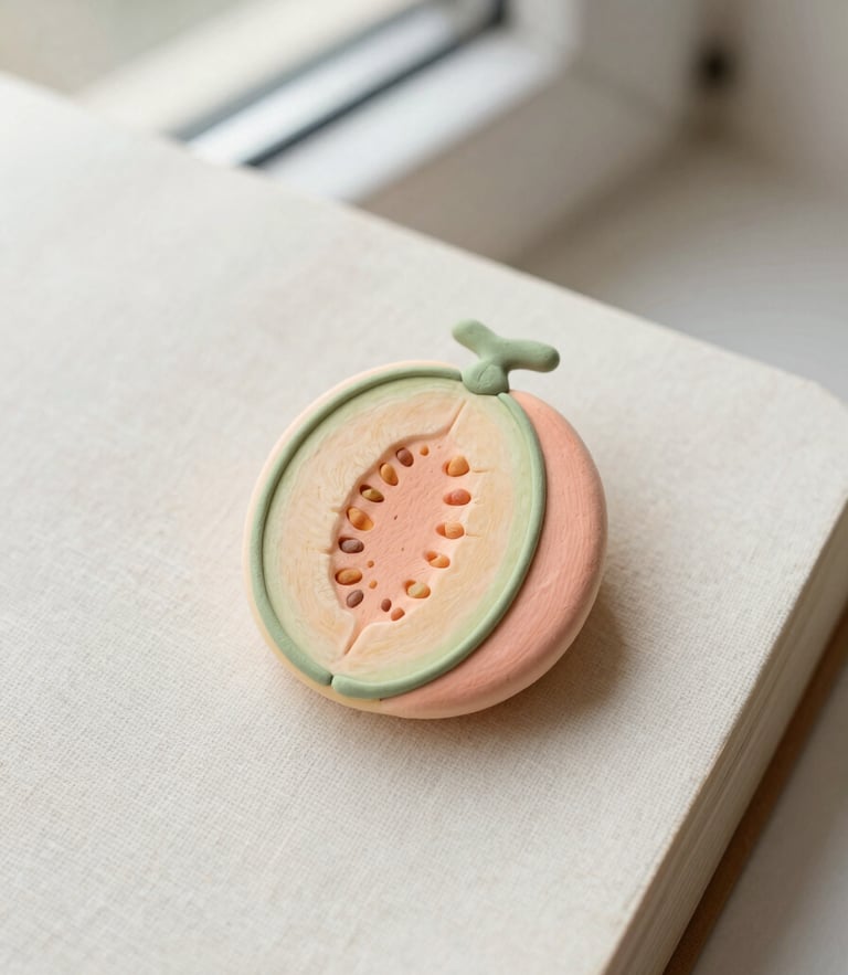Overhead macro shot of a hand-painted clay melon pin resting on a textured linen sketchbook, soft morning window light, 35mm