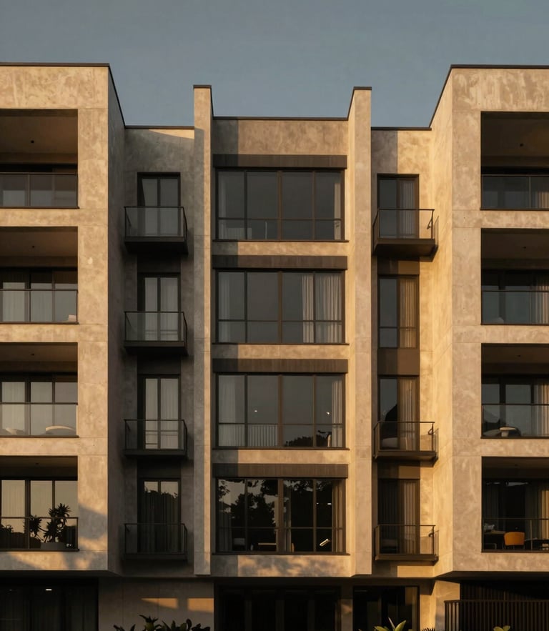 Symmetrical architectural photography of a modern luxury residential facade in Lima at dusk, dramatic golden-hour light casting deep shadows on clean concrete and glass structures, warm gold highlights, wide-angle lens
