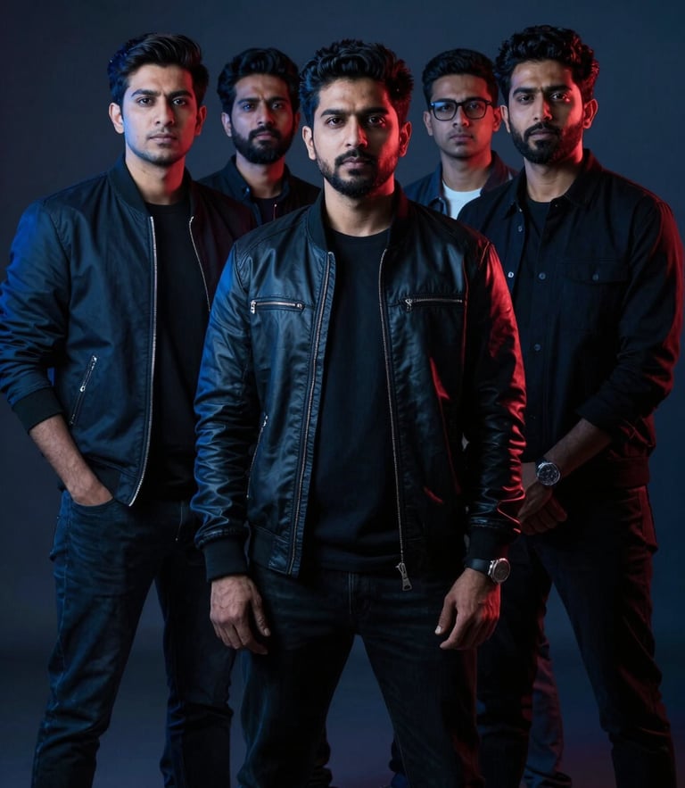 Dramatic high-contrast editorial portrait of tech founders in dark streetwear, cool blue neon rim lighting, deep shadows, looking confident and sharp, Karachi studio setting.
