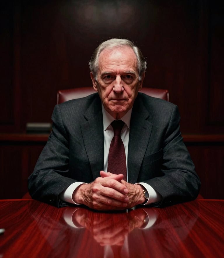 Cinematic portrait of a senior board executive in a low-key chiaroscuro lit boardroom, deep shadows, rich crimson red light reflecting on dark wood table, shallow depth of field, 35mm film.