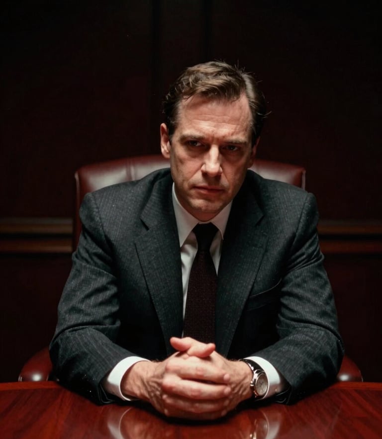 Cinematic portrait of a focused executive in a dark boardroom, dramatic low-key chiaroscuro lighting, deep blacks and rich crimson accents, 35mm film