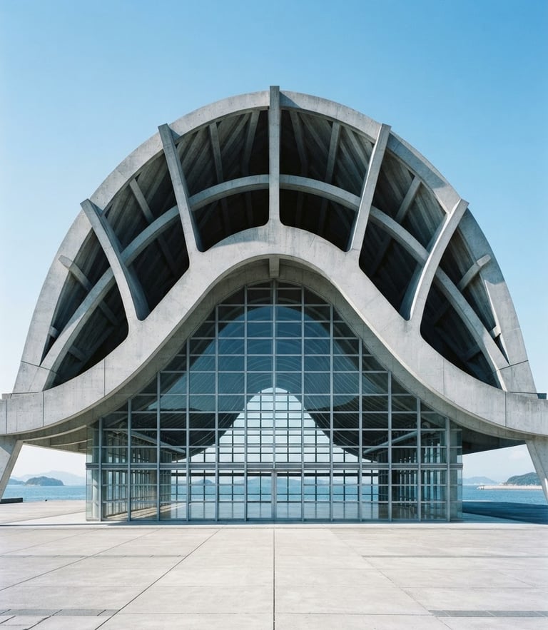 Symmetrical minimalist architectural photography of a concrete and glass pavilion, crisp daylight casting sharp shadows, cool blue tones, 35mm lens