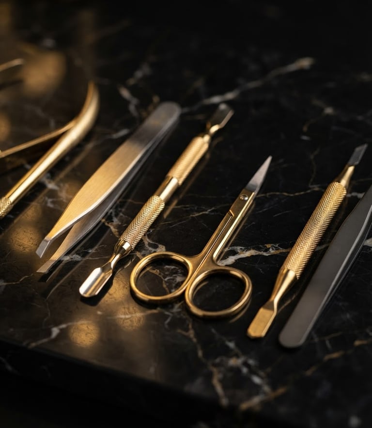 Close-up of high-precision beauty tools on a black marble surface, soft golden light reflections, luxury editorial style, 35mm lens