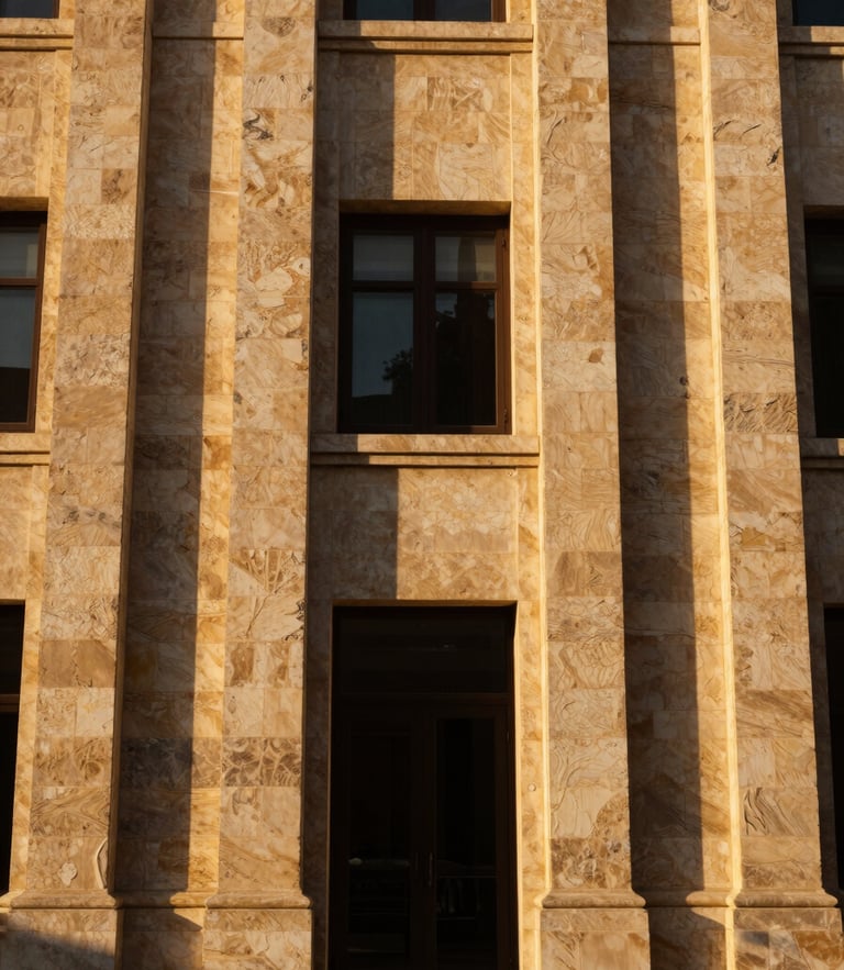 Symmetrical architectural low-angle shot of a premium stone facade in Damascus at golden hour, deep shadows, rich gold tones, elegant medium format photography.