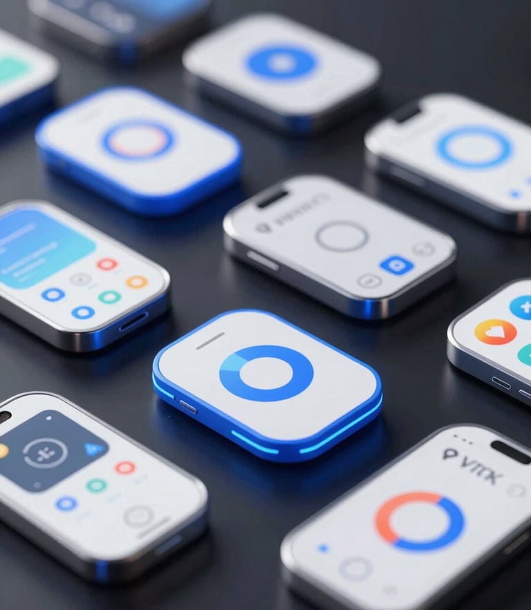 Sleek 3D digital mockup of context-aware Android widgets floating over a dark glass surface, electric blue edge glow, ultra-detailed UI details