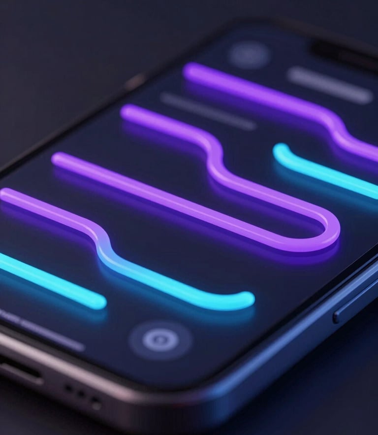 Macro depth of field 3D render of a mobile screen showing smooth, fluid gesture paths, glowing violet and cyan lines, dark studio lighting