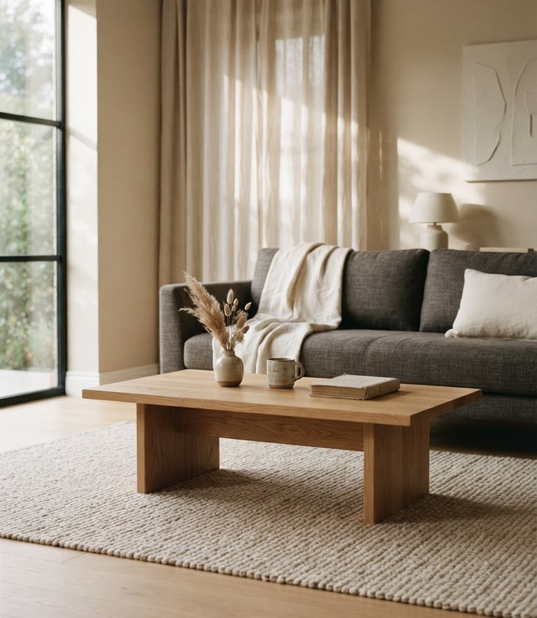 A serene minimalist living room featuring a low oak coffee table, soft natural daylight casting gentle shadows, elegant linen curtains in the background, warm editorial interior photography.