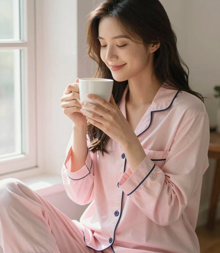 Uma mulher sorridente vestindo pijama de algodão nobre rosa claro, sentada perto de uma janela ensolarada com uma xícara de chá, luz suave da manhã, estilo editorial de alta costura.