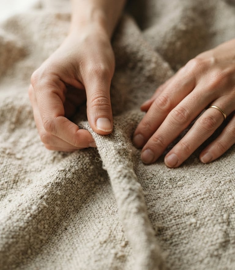 Close-up of hands touching raw oatmeal-colored linen fabric under soft morning window light, showing heavy-gauge weave and living texture