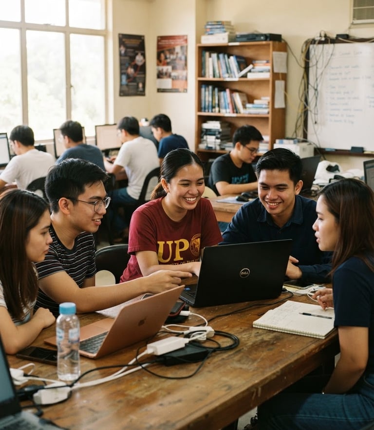 Warm editorial photography of Filipino IT students collaborating on laptops in a bright, sunlit computer laboratory, candid interaction, 35mm